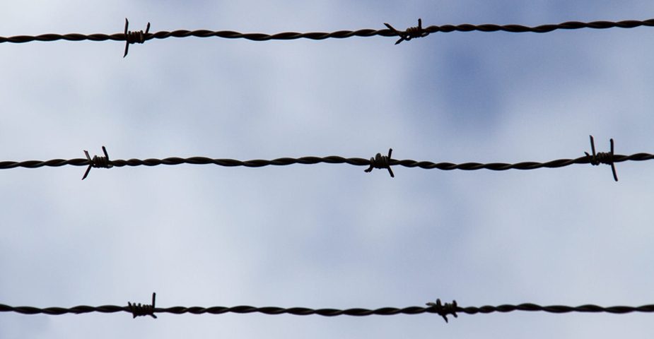 Barbed wire fencing against the sky